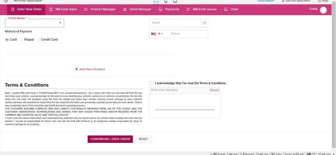 Mill Ends order form with terms and conditions and signature capture
